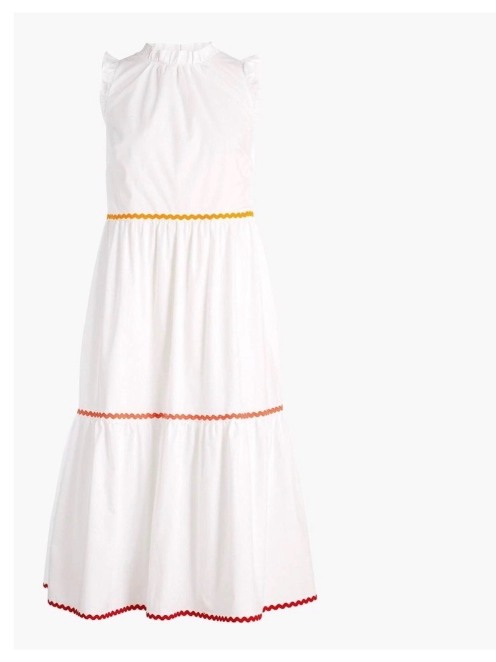 J. Crew Factory White Maxi Dress with Yellow, Orange and Red Ric Rac Trim